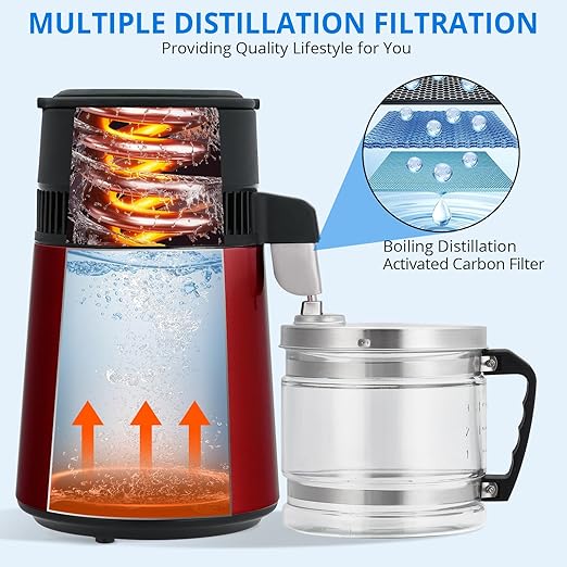 4L Water Distiller,Household Stainless Steel Distilled Water Purifier,Countertop Distilled Water Maker,4 Litre Distilled Water Machine for Home.Red.