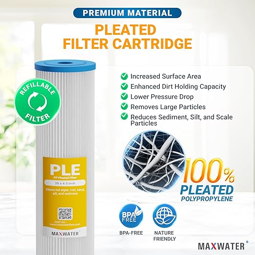 20 x 4.5 Whole House 1 Stage PP Pleated Sediment Filter System w/ 1" NPTF Port Housing Head Includes 25 Micron Pleated Sediment Filter, Gauge & Bracket BB-20B WH100SP WDS150K CB1-CAB20-BB DB20P