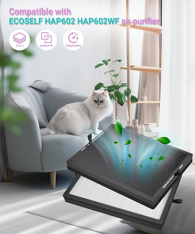 HAP602 Replacement Filter Compatible with ECOSELF Air Purifier HAP602 HAP602WF, 3-IN-1 Filtration with H13 HEPA Activated Carbon Filters, 2 Counts