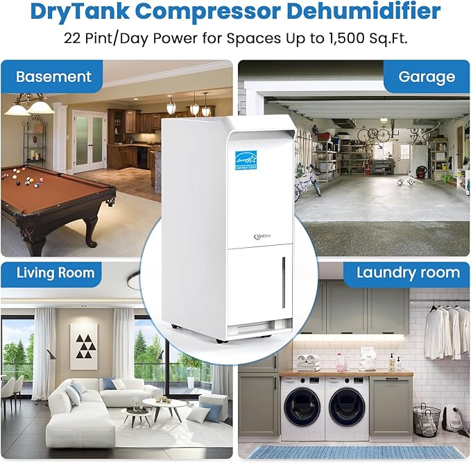 1,500 Sq.Ft Energy Star Dehumidifier for Basement with Drain Hose, 22 Pint 2019 DOE DryTank Series Dehumidifiers for Large Room, Suit for Garden Hose, Intelligent Humidity Control, 24H Timer