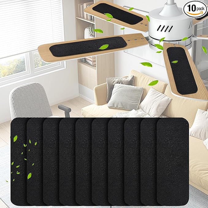 10-Pack Ceiling Fan Filters for Blades – Activated Coconut Shell Carbon Ceiling Fan Blade Filters, Odor, and Pet Dander – Universal Fit Stick-On Fan Filter Pads for Cleaner Indoor Air, Unscented