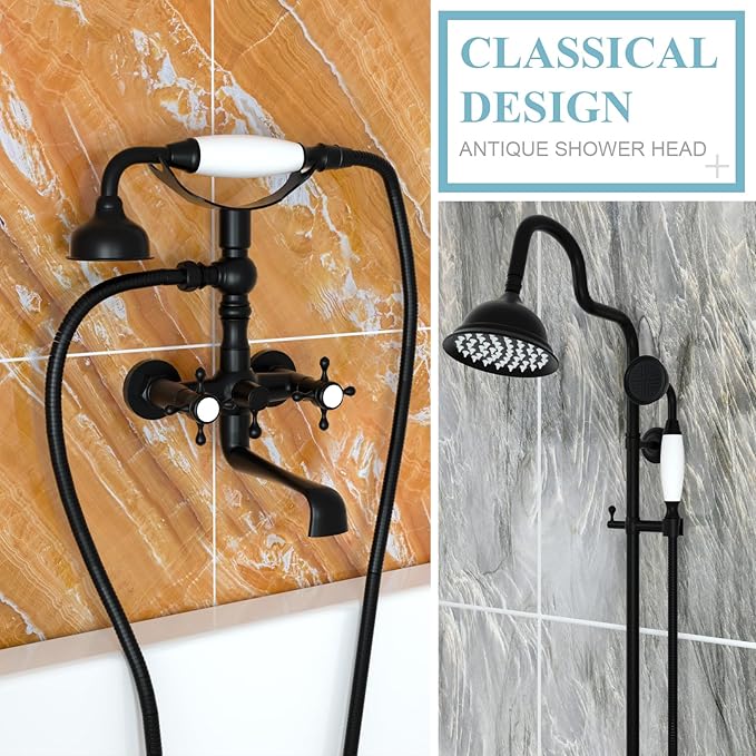 HOMEDEC Vintage Handheld Shower Head with 59inch Flexible Hose High-Pressure Antique Rain Showerhead Combo Replacement No Wand Holder, Round Telephone Shape, Matte Black