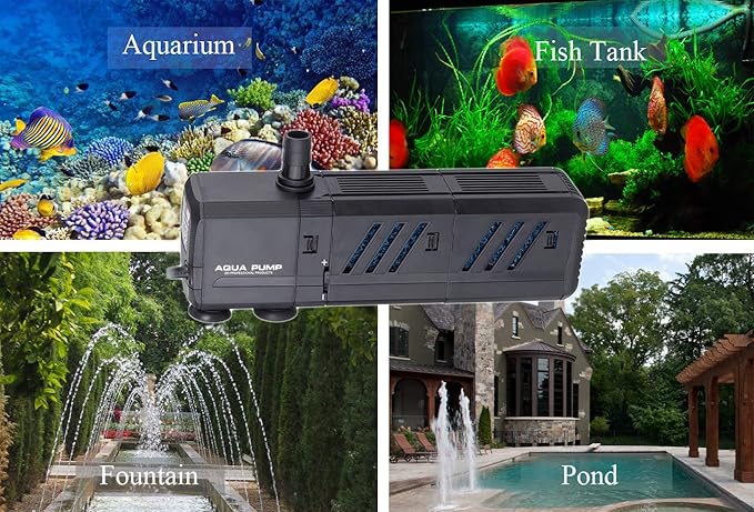 MQ 210GPH Submersible Water Pump (800L/H, 8W) with Filters and Water Nozzles, Ultra Quiet for Aquarium, Fish Tank, Pond, Fountain, Hydroponics