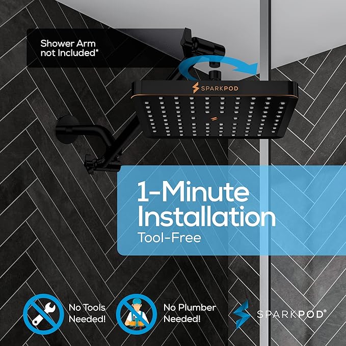 SparkPod Shower Head - High Pressure Rain - Premium Quality Luxury Design - 1-Min Install - Easy Clean Adjustable Replacement for Your Bathroom Shower Heads (Vintage Oil Rubbed Bronze, 8 Inch Square)