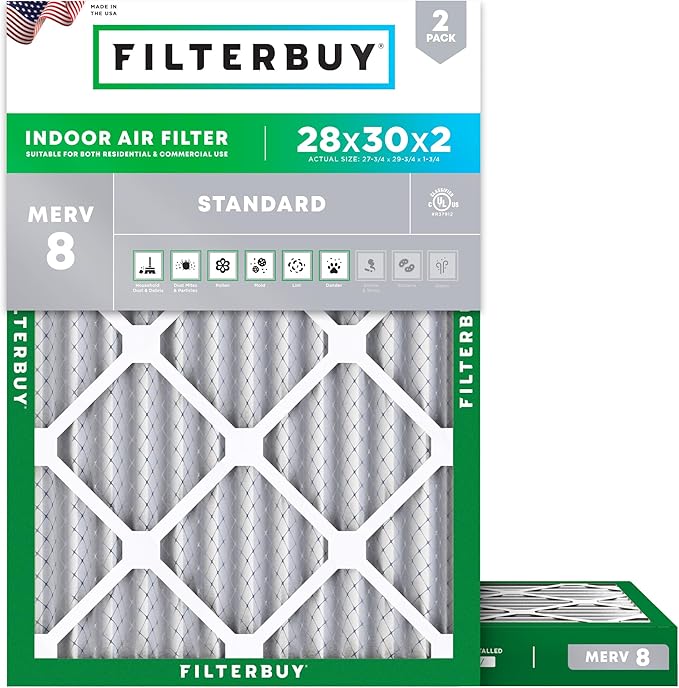 Filterbuy 28x30x2 Air Filter MERV 8 (MPR 700) Dust Defense Replacement (2-Pack), Electrostatic Pleated HVAC AC Furnace Filters, Made in USA (Actual Size: 27.75 x 29.75 x 1.75)