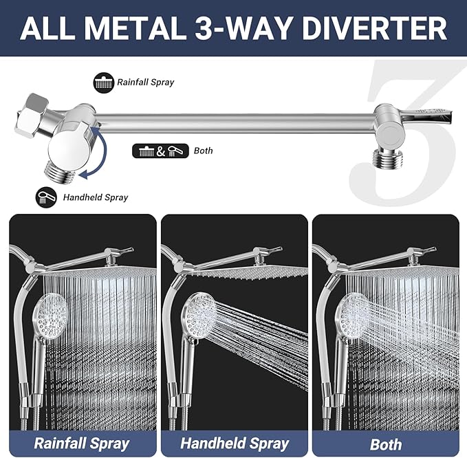 All Metal 3-Way Rain Shower Head,10 Spray High Pressure Showerhead Combo,Shower Filter Head For Hard Water, Adjustable Bar Upgrade Dual Shower Head-Reduces Dry Itchy Skin Chrome
