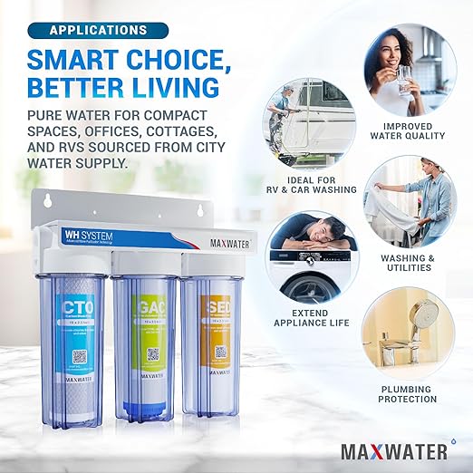 Max Water 3 Stage (Good for City Water) 10 inch Standard Water Filtration System for Whole House - Sediment + GAC + CTO Post Carbon - ¾ Inlet/Outlet - Model : WH-SC2