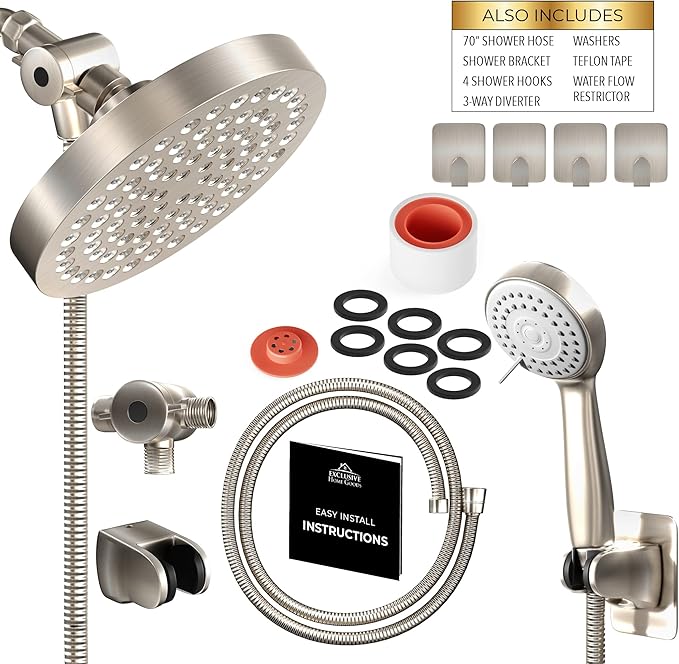 Shower Head With Handheld Combo, 6 Inch High Pressure Rainfall Showerhead With Hand Held 70 Inch Hose for Bath - Adjustable Swivel Shower Head Spray Anti-leak Nozzles - Universal Fit