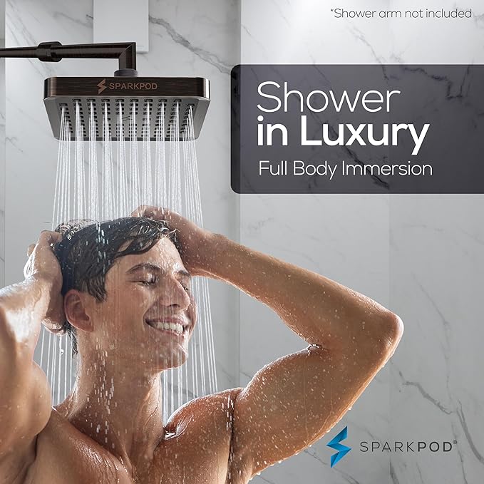SparkPod Shower Head - High Pressure Rain - Premium Quality Luxury Design - 1-Min Install - Easy Clean Adjustable Replacement for Your Bathroom Shower Heads (Vintage Oil Rubbed Bronze, 6 Inch Square)