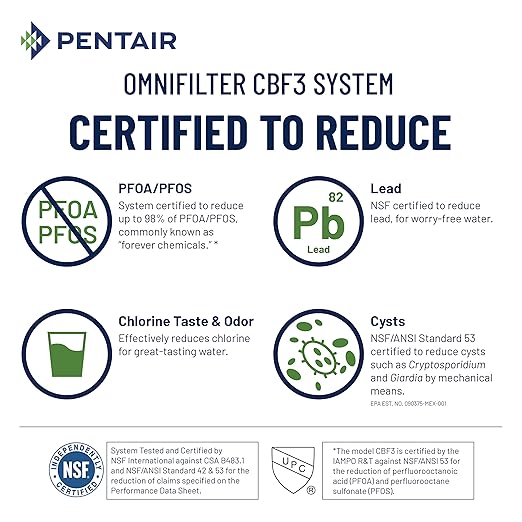 Pentair OMNIFilter CBF3 Water Filtration System, 10" Premium Single-Stage Undersink Filter System, NSF Certified to Reduce PFOA/PFOS, Includes Housing, CB3 Carbon Cartridge and All Hardware