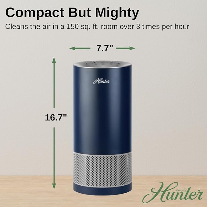 Hunter Fan Company HP400 Round Tower Air Purifier for Small Rooms, Featuring True HEPA Filtration and EcoSilver® Pre-Filter for Allergy and Asthma Relief, Gray and Silver