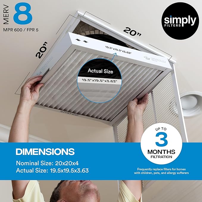 Simply 20x20x4 Air Filter, MERV 8, MPR 600, 6 Pack, Furnace Air Filter for HVAC (Actual Size:19.5"x19.5"x3.63") DUST, Pet, & Allergy Control
