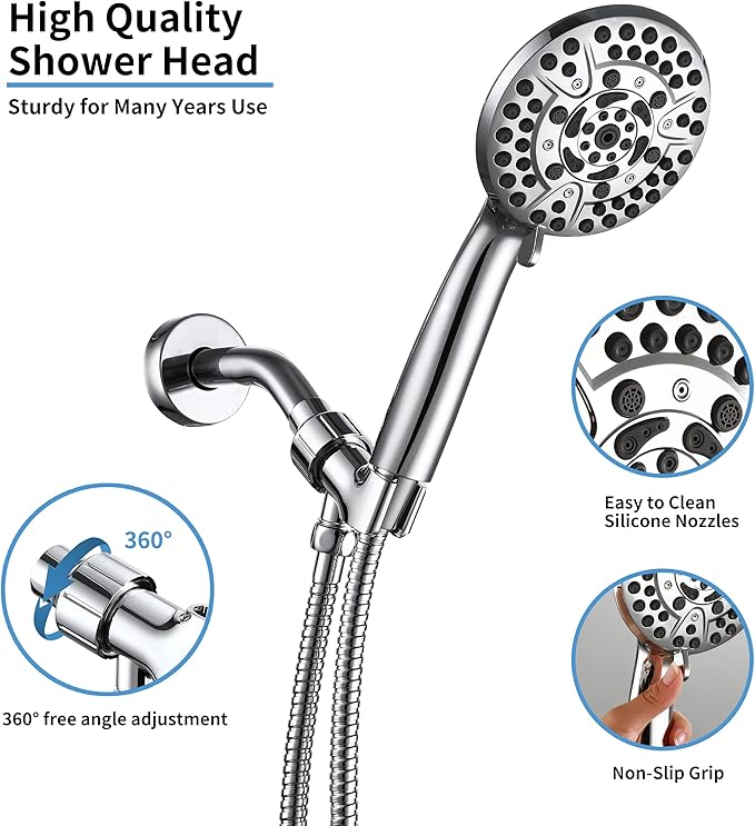 10 Spray Shower Head with Handheld,High Pressure shower heads with Handheld Spray Combo,Hand Held Shower Head with 60 Inch Long Hose (Chrome)