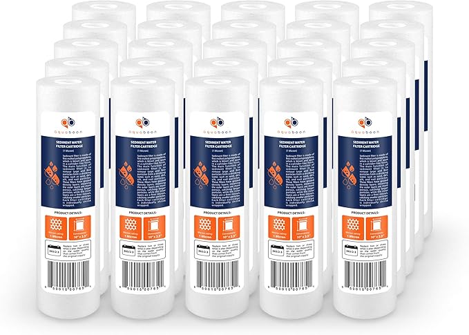 Aquaboon 1 Micron Whole House Sediment Filter 10 x 2.5 for RO & Well Water Filters Replacement Cartridges Compatible with AP110, WHKF-GD05, 25 Pack