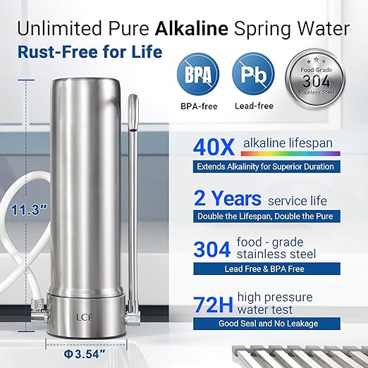 LCF Alkaline Countertop Water Filter, 𝐒𝐢𝐥𝐯𝐞𝐫 𝐈𝐨𝐧𝐬 Enhanced 6-Stage Stainless Steel Water Filter for Sink Faucet, Reduces Heavy Metals, Bad Taste & 99% Chlorine, 16,000 Gallons(2 Filters)