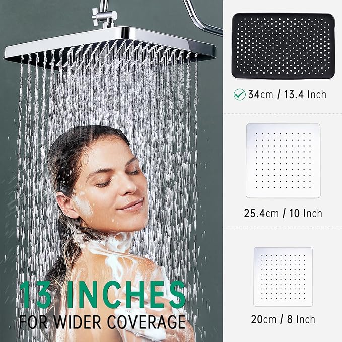 13 Inch Rainfall Shower Head with Multi-Function Handheld Sprayer Combo, 3-Way Metal Extended Diverter with Holder and Metal Adjustable Curved Shower Extension Arm, Extra Long Hose Chrome
