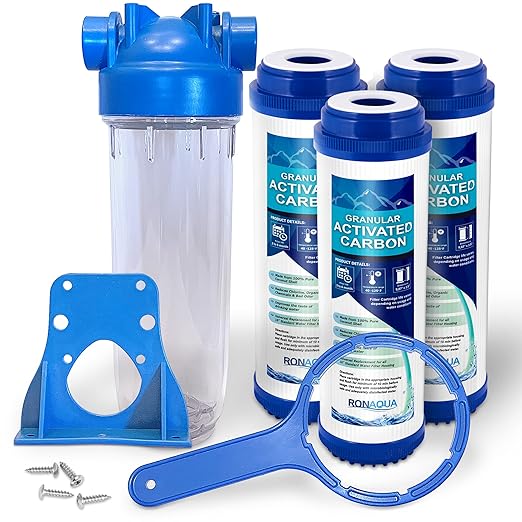 10 Inches European Design Transparent Standard Whole House Water Filter System with Presser Relief Valve, 3/4” Inlet/Outlet Brass Port and Yearly Supply (3) Granular Activated Carbon Cartridges