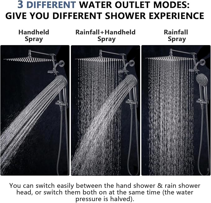 High Pressure 12 Inch Rainfall Shower Head with Handheld Combo, 16" Adjustable Extension Arm Build-in 3-way Diverter, Dual Shower Head Combo Set with Adjustable Height Slide Bar - Matte Black