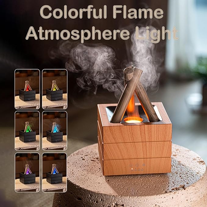 Flames Humidifier Essential Oil Diffuser, Bonfire Essential Oil Scent Diffuser Humidifier, Small USB Desktop Humidifiers with 7 Colors, Campfire Aromatherapy Diffusers for Home & Office (Wooden)