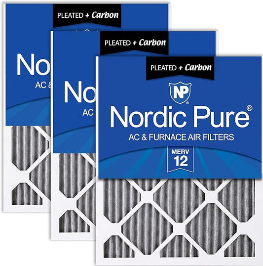 Nordic Pure 12x12x1 (11 3/4 x 11 3/4 x 3/4) Furnace Air Filters MERV 12 Pleated Plus Carbon 3 Pack