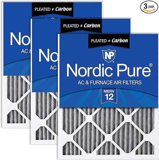 Nordic Pure 20x20x1 (19 1/2 x 19 1/2 x 3/4) Furnace Air Filters MERV 12 Pleated Plus Carbon 3 Pack