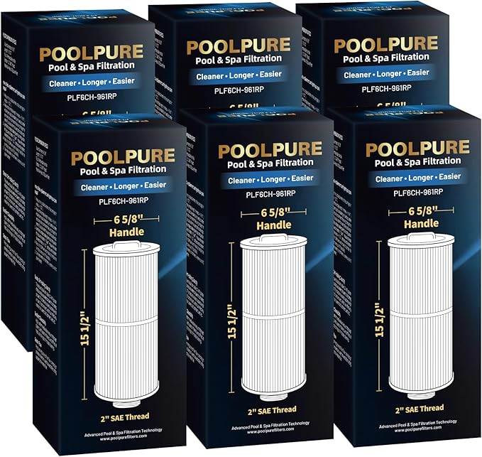 POOLPURE Pack of 6 Removable Handle Spa Filter Compatible with PJW60TL-OT-F2S, Jacuzzi Prem J300, J400, Unicel 6CH-961, 6541-383, 6540-476, 60 sq.ft Filter Cartridge with Built-in Dispenser