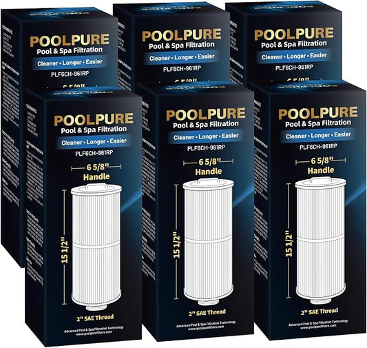 POOLPURE Pack of 6 Removable Handle Spa Filter Compatible with PJW60TL-OT-F2S, Jacuzzi Prem J300, J400, Unicel 6CH-961, 6541-383, 6540-476, 60 sq.ft Filter Cartridge with Built-in Dispenser