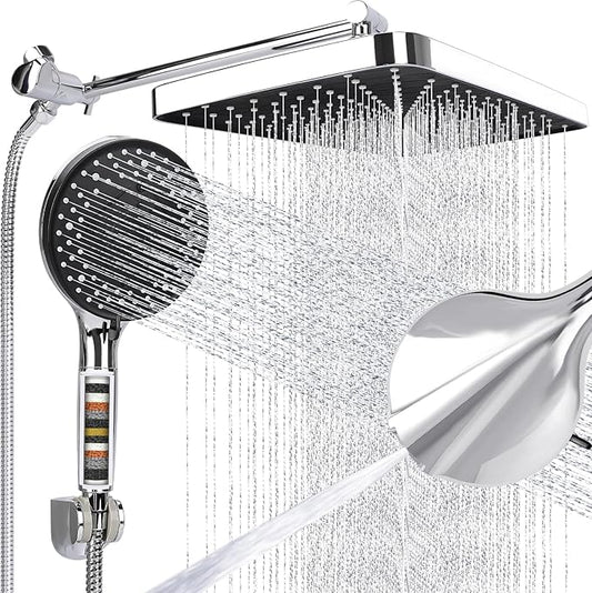 Shower Head 14'' High Pressure Rain Shower Head Combo, Filtered Handheld with 10 Water Spray, 3-Way Diverter Extension Arm Rainfall Showerhead, Adjustable Shower head with Anti-Clog Nozzles