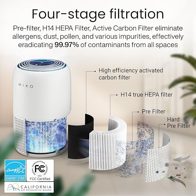 MIKO Air Purifier for Bedroom with 3-in-1 HEPA Filter & Sleep Mode, Whisper Quiet, Covers Up to 1200 ft, Smart Wi-Fi App Control - Removes Smoke, Allergens, Pets Hair, Dust, Odors, Pollutants