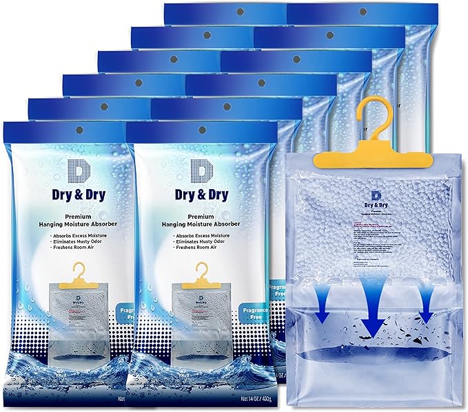 Dry & Dry Premium Moisture Absorbers Dehumidifiers for Home, Basement, Bedroom, Small Dehumidifiers - Blue & White (Pack of 12) 14 ounce