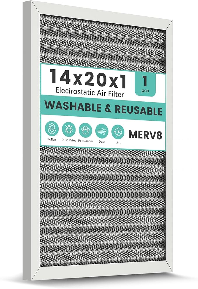 14x20x1 Reusable Air Filter, Washable, Merv 8, Electrostatic HVAC AC Furnace Filter, Permanent, Lasts a Lifetime, Healthier Home or Office (Actual Size:13.5x19.5x0.8 Inch)