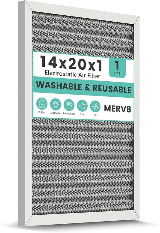 14x20x1 Reusable Air Filter, Washable, Merv 8, Electrostatic HVAC AC Furnace Filter, Permanent, Lasts a Lifetime, Healthier Home or Office (Actual Size:13.5x19.5x0.8 Inch)