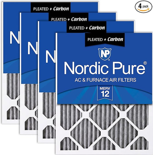 Nordic Pure 20x20x1 (Actual Size: 19 1/2 x 19 1/2 x 3/4) Furnace Air Filters MERV 12 Pleated Plus Carbon 4 Pack