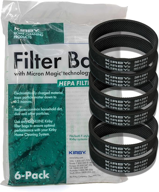 Kirby Vacuum Bundle – 6 HEPA Filter Bags (204814) + 6 OEM Belts (301291G) for F-Style & Twist-Style Upright Models
