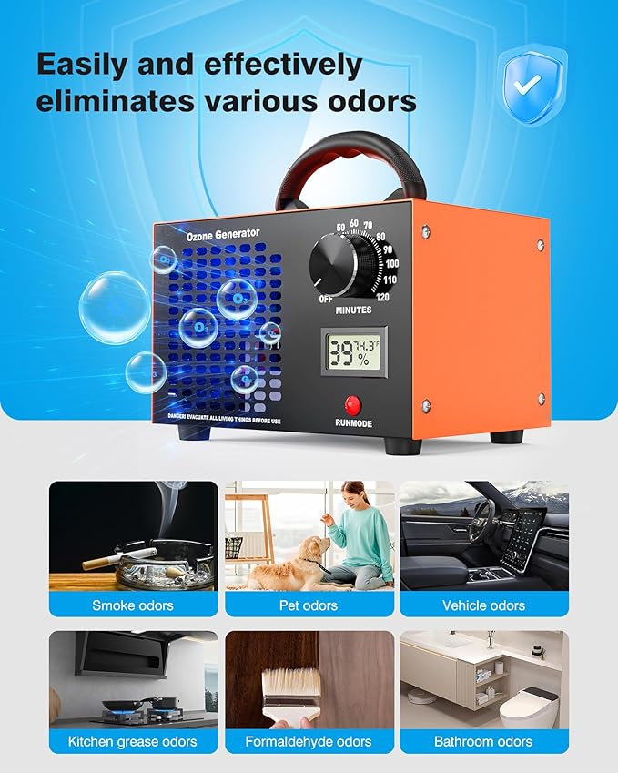 Ozone Generator - 60000 mg/h Ozone Generator for Large Spaces up to 5000 Sq.Ft, Air Purifier with Temp & Humidity Display, 120-Min Timer, Ozone Machine for Cars, Homes, Hotels, Kitchens & Pet Areas