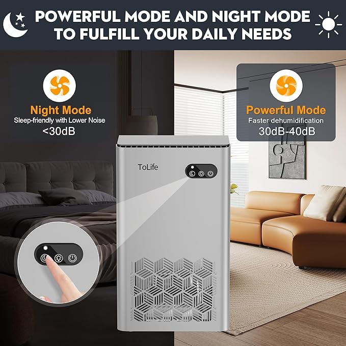 ToLife Dehumidifier for Home, 1000 sq.ft Dehumidifiers for Basement Bedroom Bathroom with 95 OZ Water Tank, Auto Shut Off 7 Colors LED Light, Silver