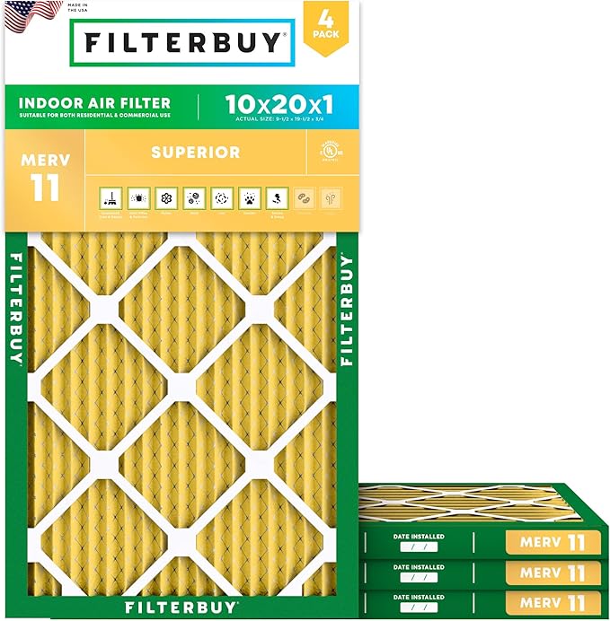 Filterbuy 10x20x1 Air Filter MERV 11 (MPR 1200) Allergen Defense Replacement (4-Pack), Electrostatic Pleated HVAC AC Furnace Filters, Made in USA (Actual Size: 9.50 x 19.50 x 0.75)