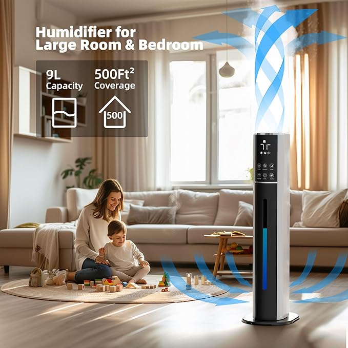 Large Humidifier for Bedroom,9L/2.5Gallon Cool Mist Humidifier with Humidistat,360°Nozzle,350ML/H BigMist Level,Cover up to 550ft²Plant Quiet 30db humidifierwith essential oil diffuser