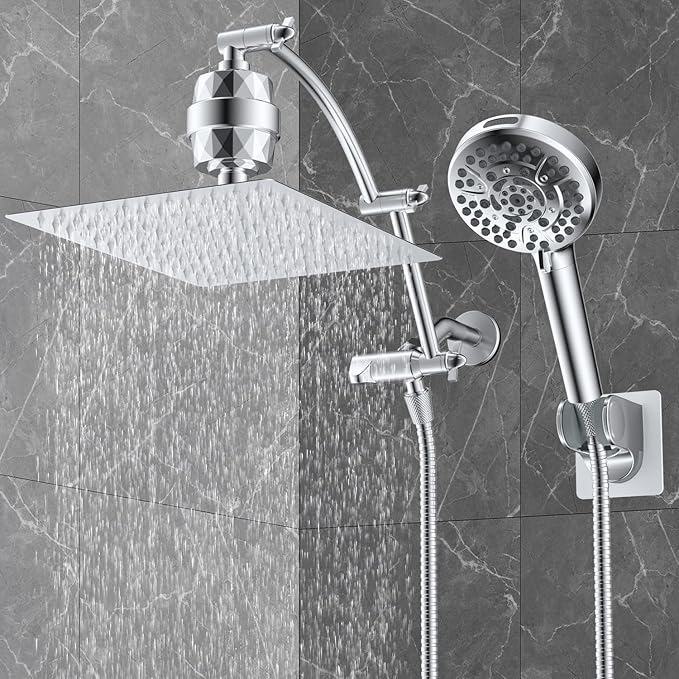 Hibbent All Metal 12'' Dual Filtered Rainfall Shower Head Combo, High Pressure Handheld Shower Head with 16'' Adjustable Arc Extension Arm, 20 Stage Shower Filter, 10-spray, 71'' Shower Hose, Chrome