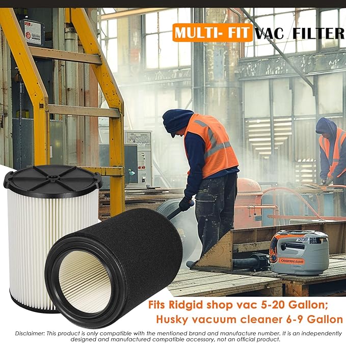 VF4000 Replacement Filter for Ridgid Shop Vacuums 5-20 Gallon, Universal VF4200 Filter Fits Rigid Wet Dry Vac/Husky Shop Vacuum Filter 6-9 Gallon with Foam Sleeves-2 Pack