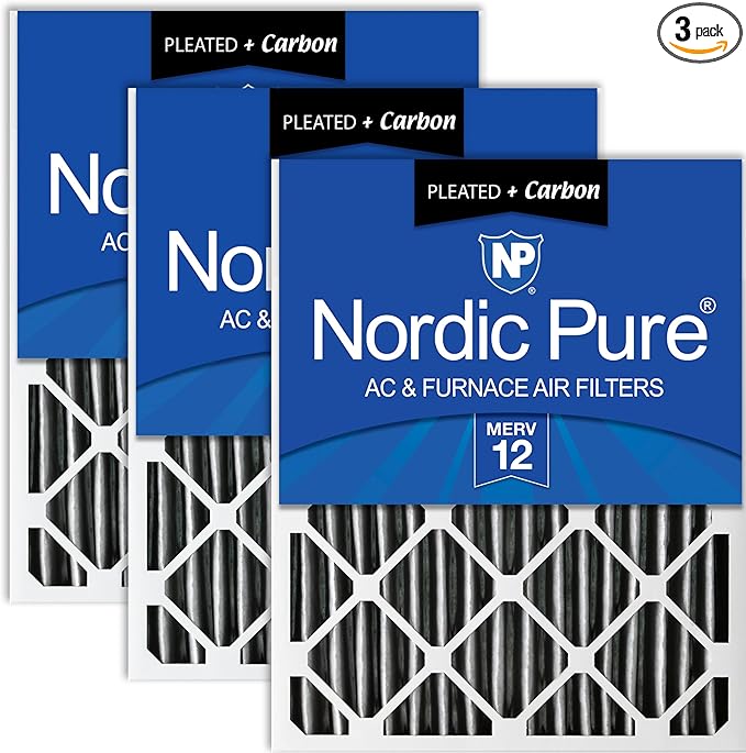 Nordic Pure 14x25x2 (13 1/2 x 24 1/2 x 1 3/4) Furnace Air Filters MERV 12 Pleated Plus Carbon 3 Pack