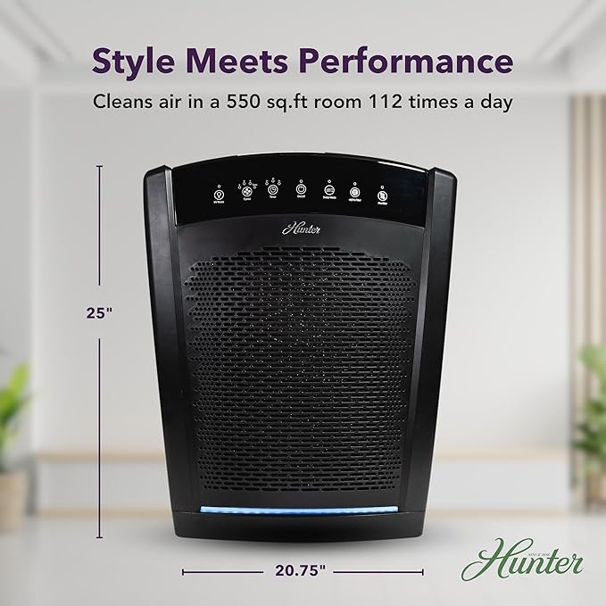 Hunter HP850 Air Purifiers for Home Large Room and Bedroom. True HEPA Air Purifier for Pets, Odors, Allergens, Smoke, Dust. UV Value Bundle w/Extra Filter, Cleans 2585 Ft² per hour. Black