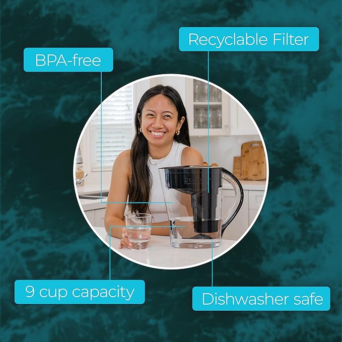 Santevia MINA Alkaline Water Filter Pitcher & Single Replacment Filter | Chlorine and Lead Filter | Water Purifier Pitcher | Home Water Filtration Pitcher | 9-Cup at Home Water Filter | Made in Canada