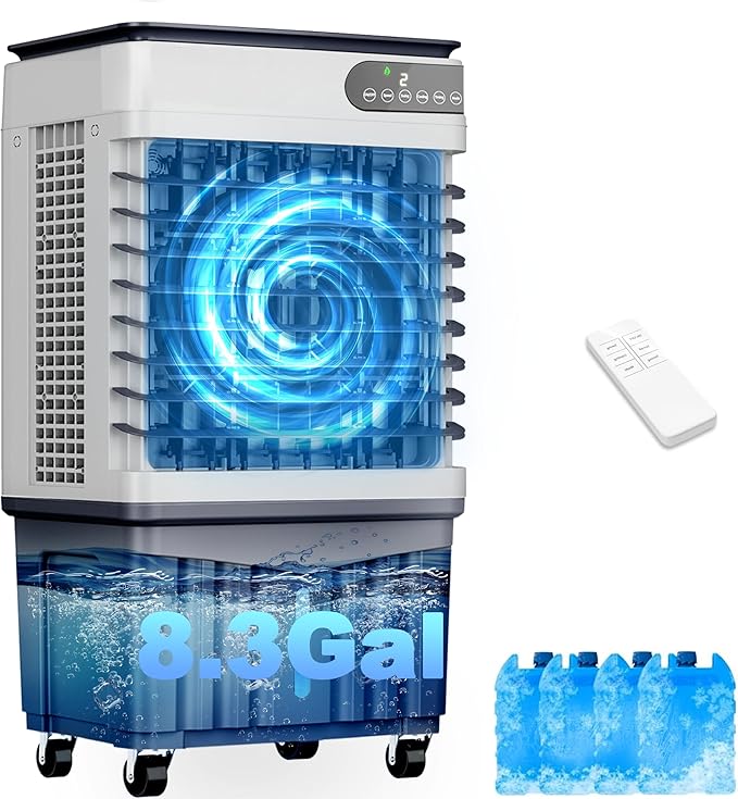 Swamp Cooler Air Conditioners, Large 8.3-Gal Tank for 7d Cooling, 4-IN-1 Portable Evaporative Cooler with LED Touch Screen, 3 Fan Speeds,12H Timer and Remote, 600 sq ft, Ideal for Large Rooms