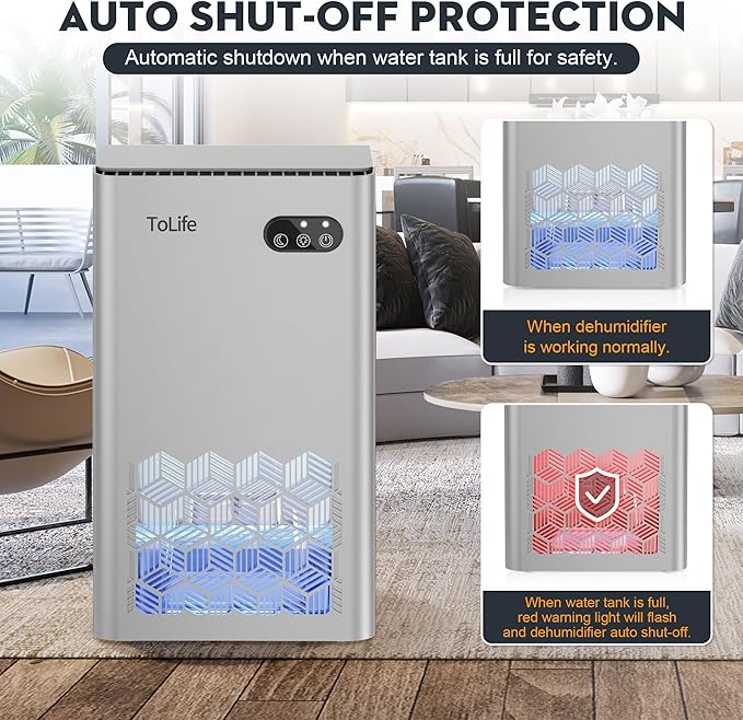 ToLife Dehumidifier for Home, 1000 sq.ft Dehumidifiers for Basement Bedroom Bathroom with 95 OZ Water Tank, Auto Shut Off 7 Colors LED Light, Silver