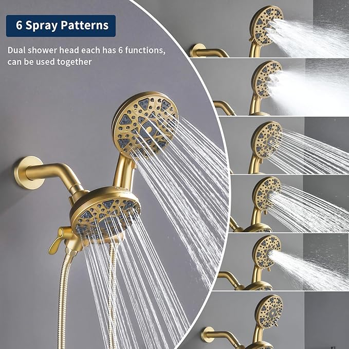 Tub and Shower Faucet Set Complete Dual Shower Head and Handheld 2 in 1 Combo Set Shower System with Tub Spout Tub and Shower Trim Kit Brushed Gold