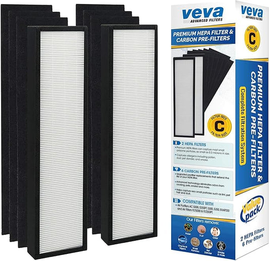 Veva 2 HEPA Air Filters & 6 Carbon Pre-Filters Replacement Filter C Compatible with Germguardian FLT5000/FLT5111 FLT5250PT, AC5000, AC5000E, AC5250PT, AC5350B, AC5350BCA, AC5350W, AC5300B