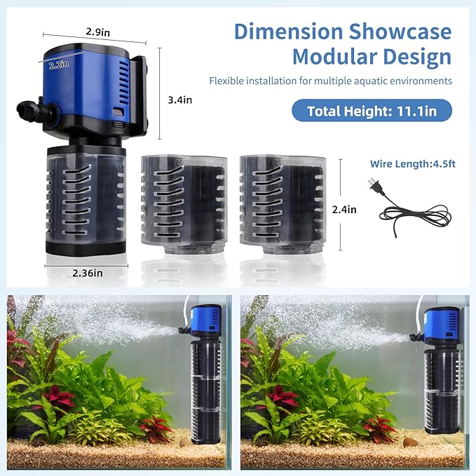 TARARIUM Aquarium Filter 260GPH for 30-75 Gallon Fish Tank, Biochemical Quiet Submersible Internal Filtration Powerful Pump Air Supply Wave Maker 4 in 1, Saltwater & Freshwater Crystal Clear