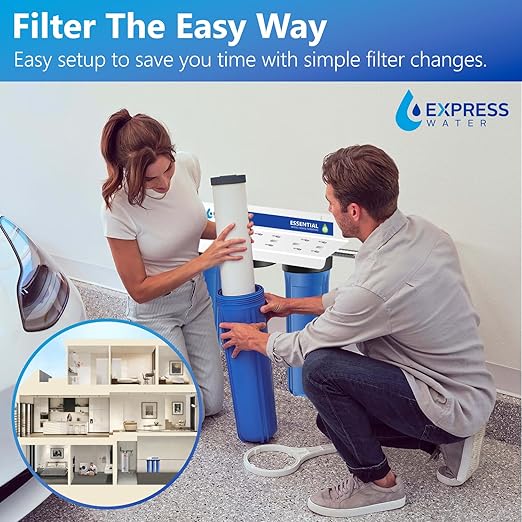 Whole House Water Filter System| ESSENTIAL | 3 Stage Water Purifier Whole Home, Top-Tier GAC, ACB Filters Produce Overachieving H2O, Significantly Reduces Chlorine & Sulfur Smell/Taste, Healtheir Skin