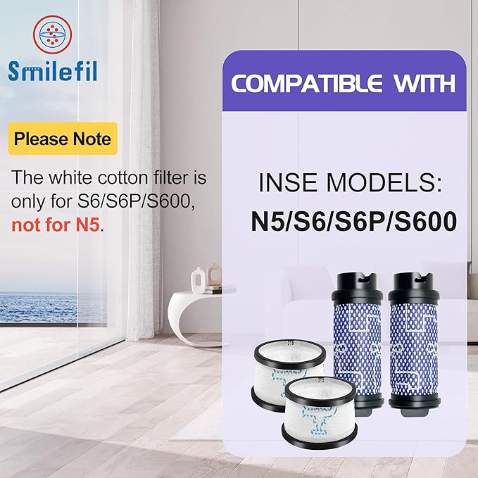 Smilefil Primary Filter and Secondary Filter Replacement Filter Kit Accessories Compatible with Inse N5 S6 S6P S600 Cordless Vacuum Cleaner